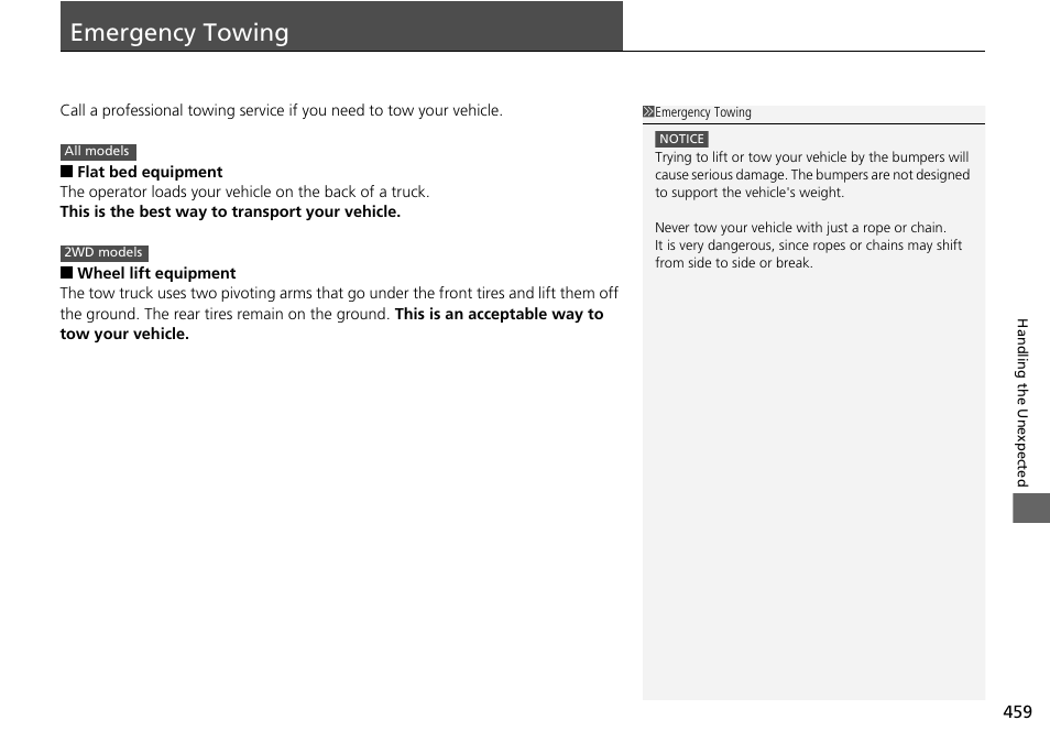 Emergency towing p, P459), Emergency towing | HONDA 2014 Pilot - Owner's Manual User Manual | Page 460 / 488