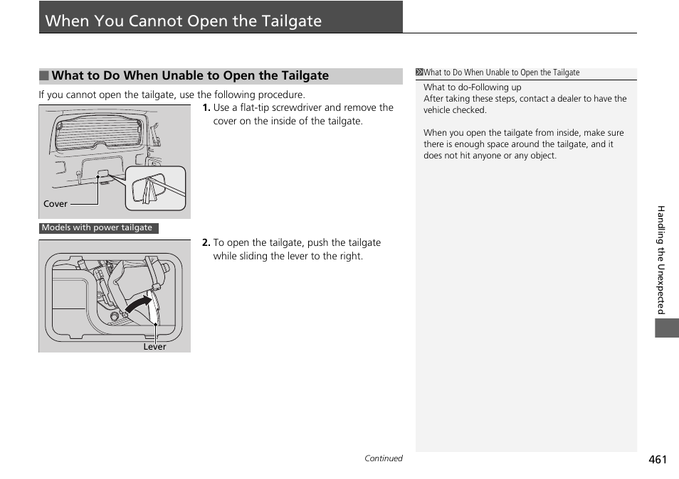 When you cannot open the tailgate p, When you cannot open the tailgate | HONDA 2014 Pilot - Owner's Manual User Manual | Page 462 / 488