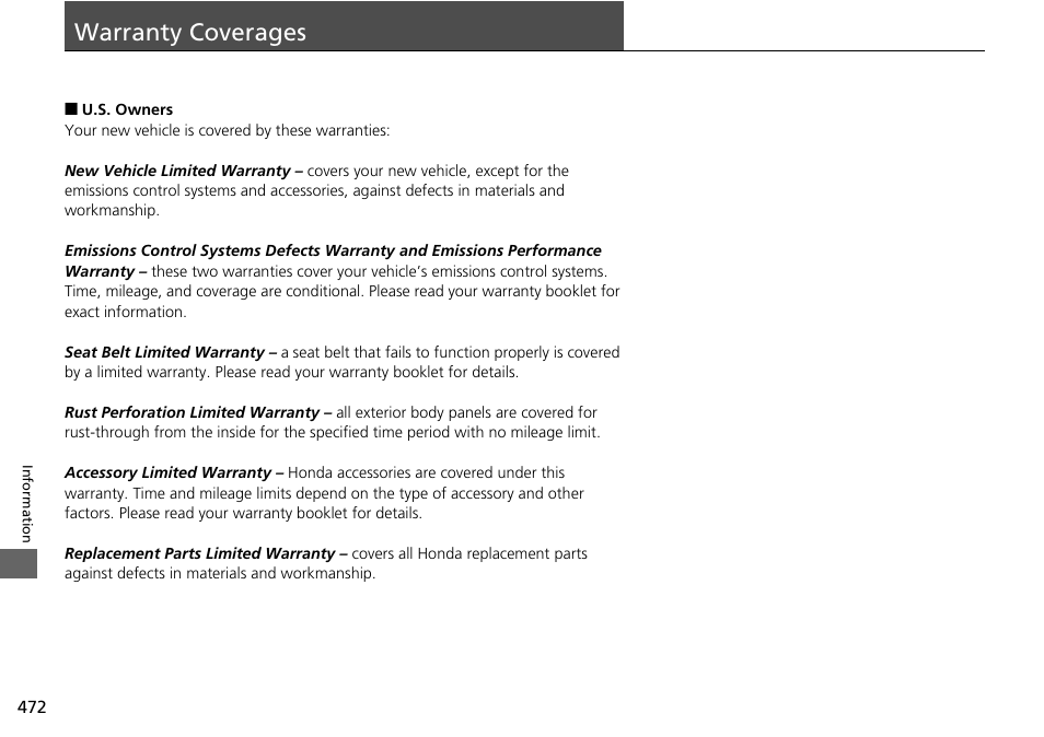 Warranty coverages | HONDA 2014 Pilot - Owner's Manual User Manual | Page 473 / 488