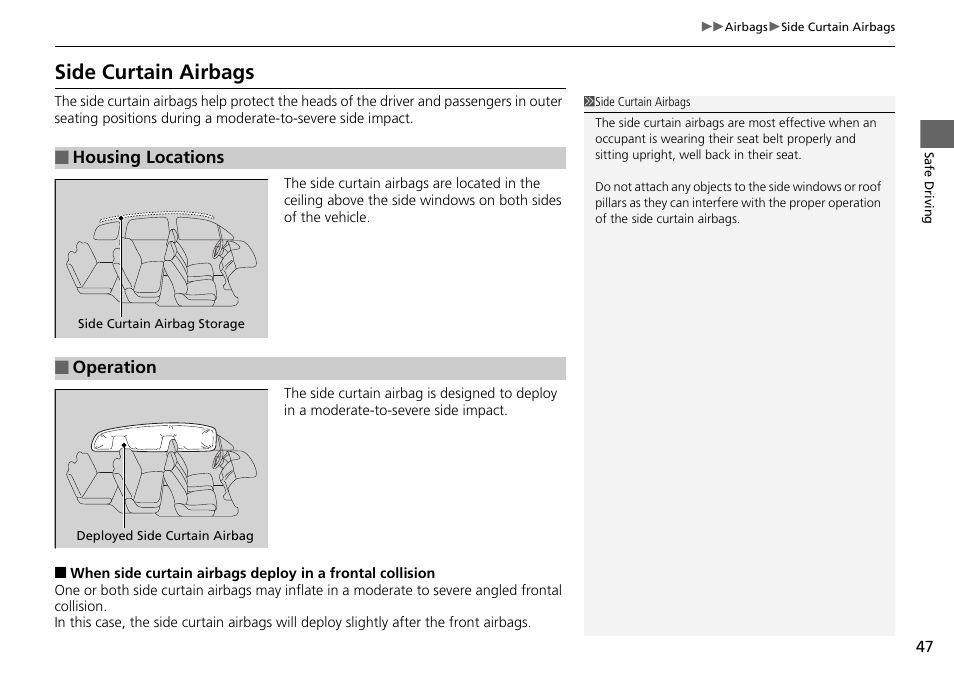 Side curtain airbags | HONDA 2014 Pilot - Owner's Manual User Manual | Page 48 / 488
