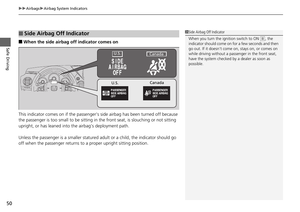 Side airbag off indicator | HONDA 2014 Pilot - Owner's Manual User Manual | Page 51 / 488