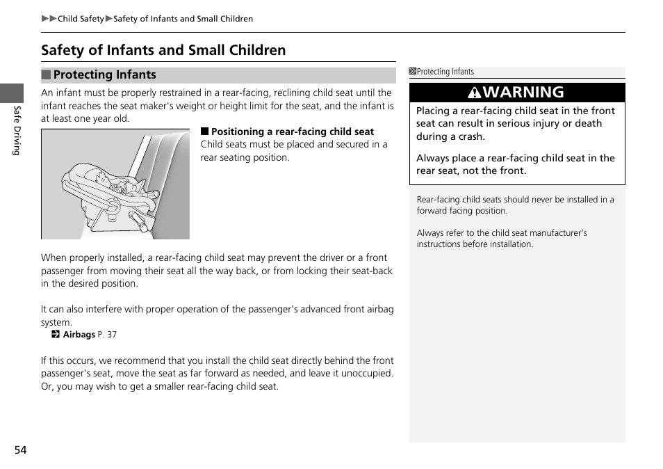 Safety of infants and small children, Warning | HONDA 2014 Pilot - Owner's Manual User Manual | Page 55 / 488