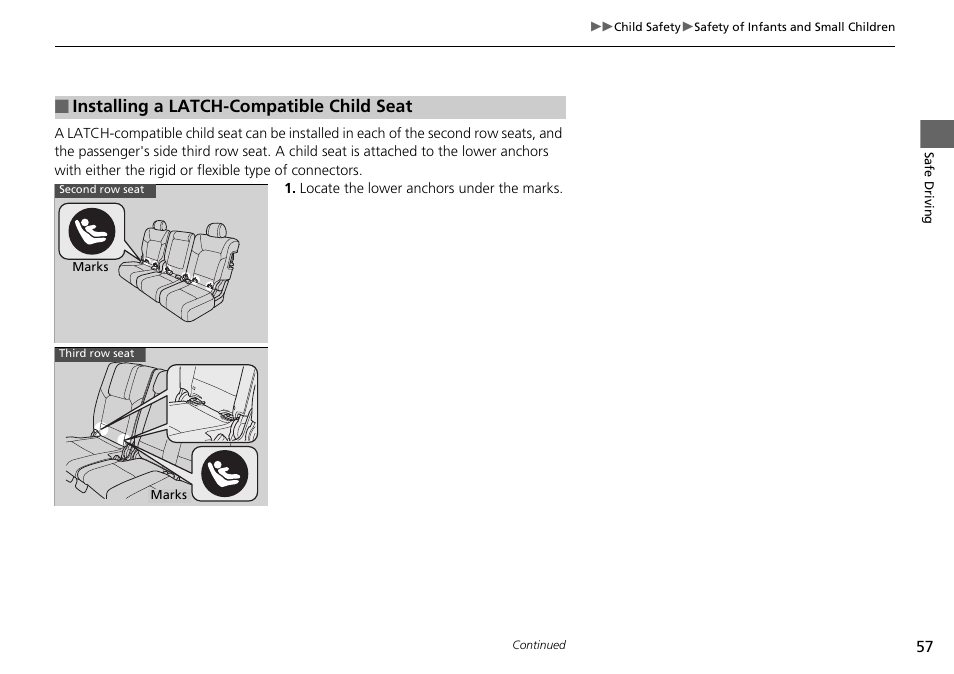 P57), Installing a latch-compatible child seat | HONDA 2014 Pilot - Owner's Manual User Manual | Page 58 / 488