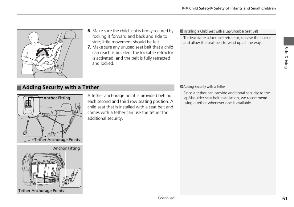 Adding security with a tether | HONDA 2014 Pilot - Owner's Manual User Manual | Page 62 / 488