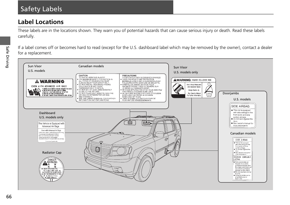 Safety labels, Label locations | HONDA 2014 Pilot - Owner's Manual User Manual | Page 67 / 488