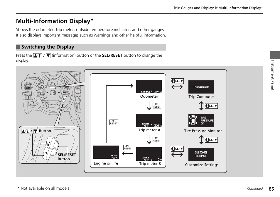 P85), Multi-information display, Switching the display | HONDA 2014 Pilot - Owner's Manual User Manual | Page 86 / 488