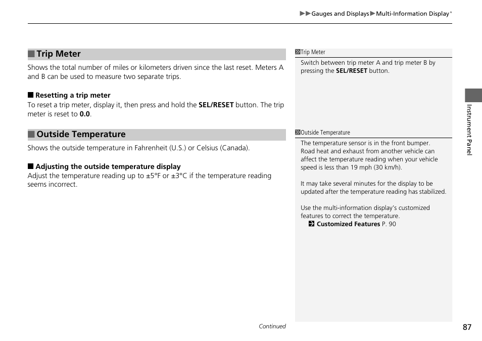 Trip meter, Outside temperature | HONDA 2014 Pilot - Owner's Manual User Manual | Page 88 / 488