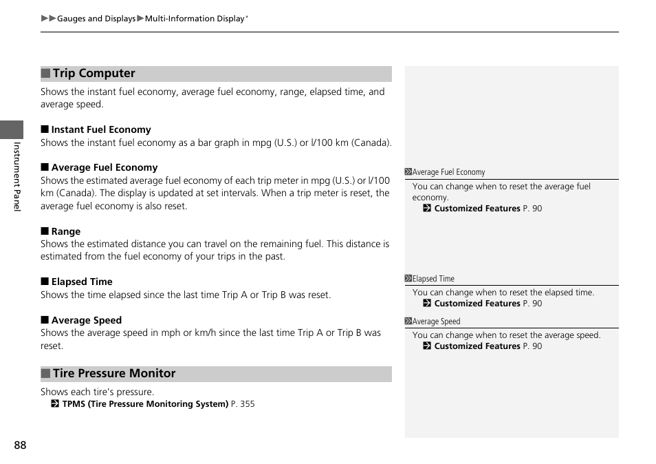 Trip computer, Tire pressure monitor | HONDA 2014 Pilot - Owner's Manual User Manual | Page 89 / 488
