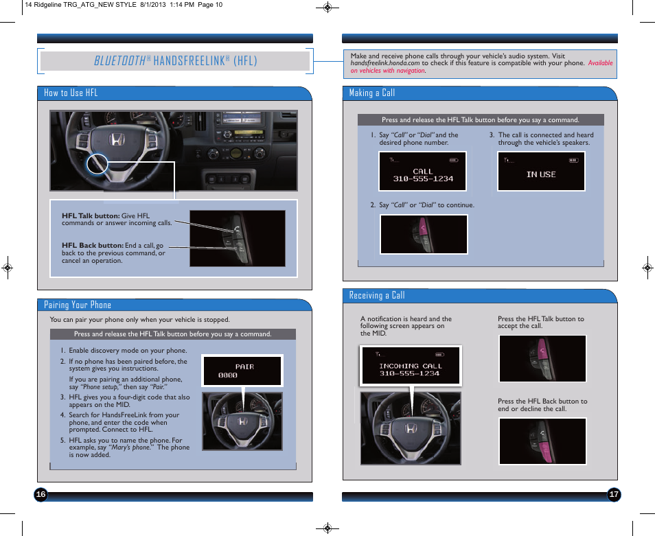 P.16, Bluetooth, Handsfreelink | Hfl) | HONDA 2014 Ridgeline - Technology Reference Guide User Manual | Page 10 / 12