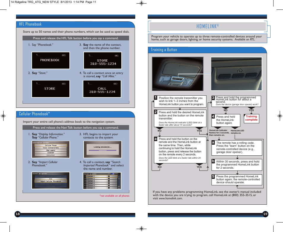 Homelink, Hfl phonebook, Cellular phonebook | Training a button | HONDA 2014 Ridgeline - Technology Reference Guide User Manual | Page 11 / 12