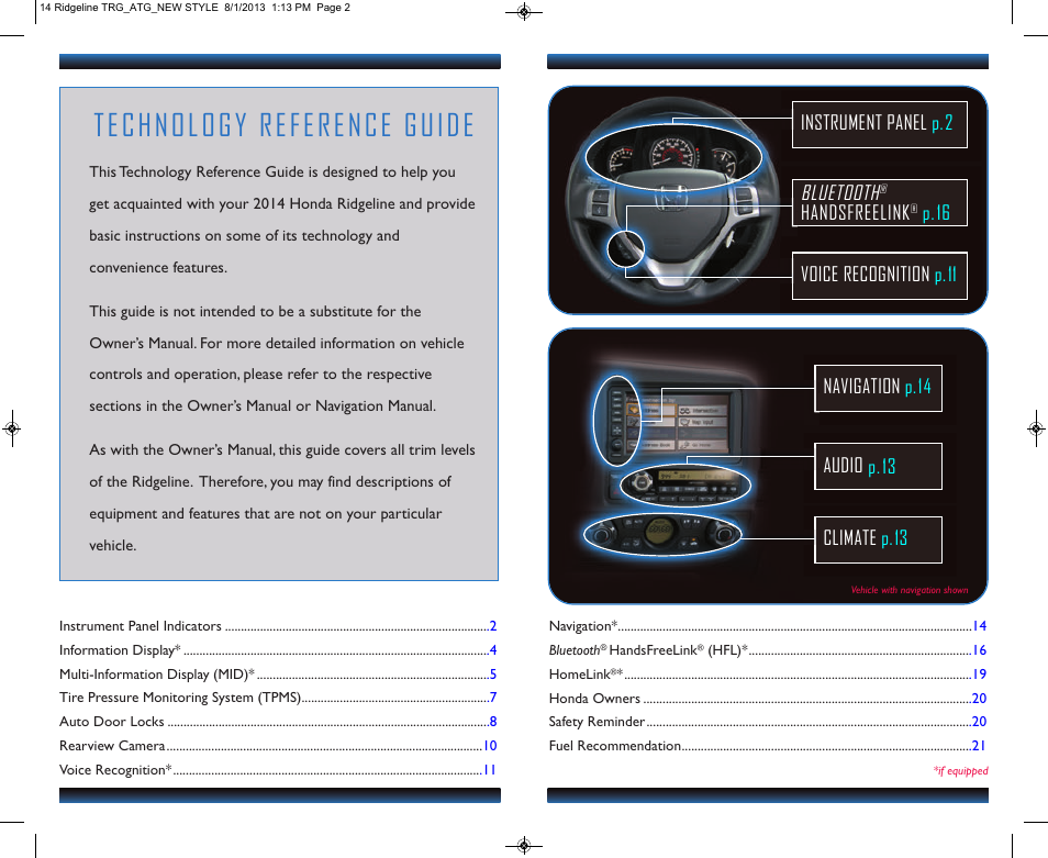 Technology reference guide, Bluetooth, Handsfreelink | P.14 | HONDA 2014 Ridgeline - Technology Reference Guide User Manual | Page 2 / 12