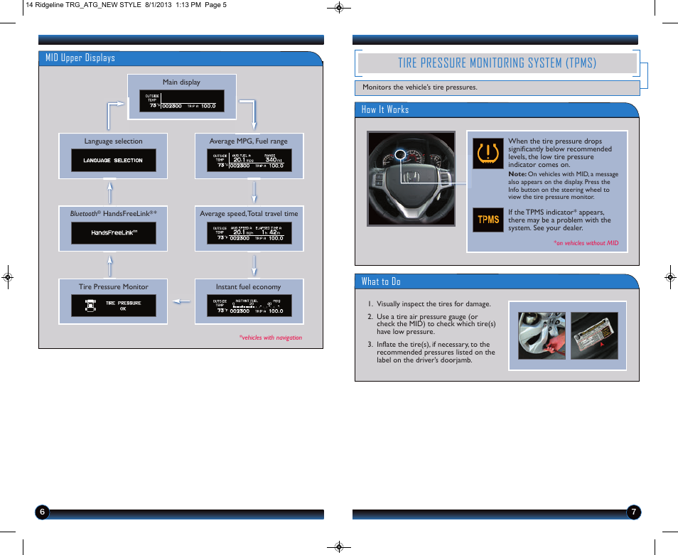 Tire pressure monitoring system (tpms), What to do how it works, Mid upper displays | HONDA 2014 Ridgeline - Technology Reference Guide User Manual | Page 5 / 12