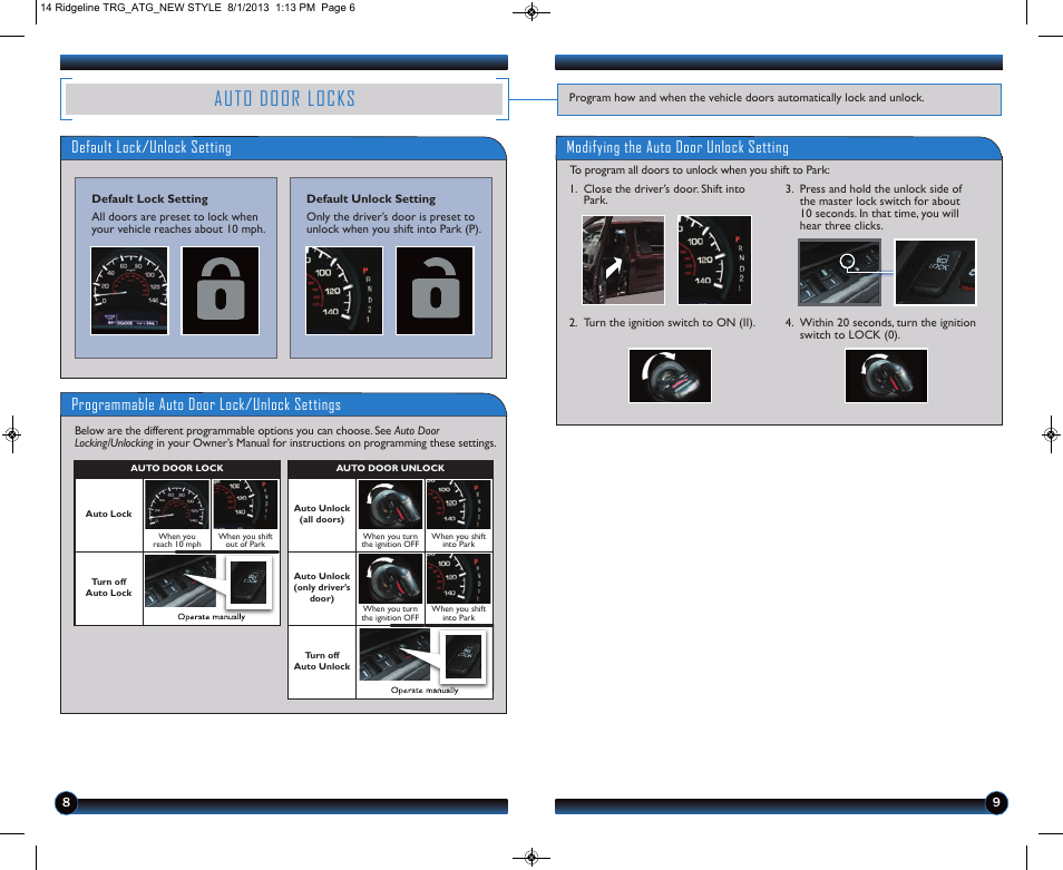 Auto door locks, Default lock/unlock setting, Programmable auto door lock/unlock settings | Modifying the auto door unlock setting | HONDA 2014 Ridgeline - Technology Reference Guide User Manual | Page 6 / 12