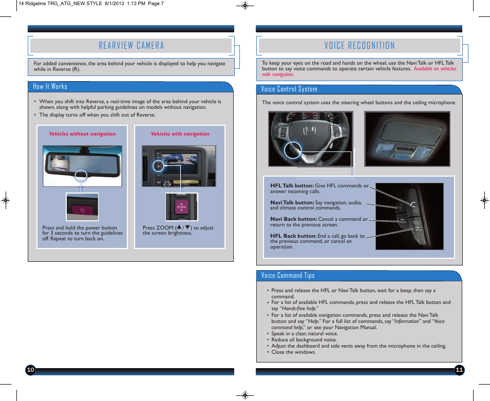 P.11, Voice recognition, Rearview camera | HONDA 2014 Ridgeline - Technology Reference Guide User Manual | Page 7 / 12