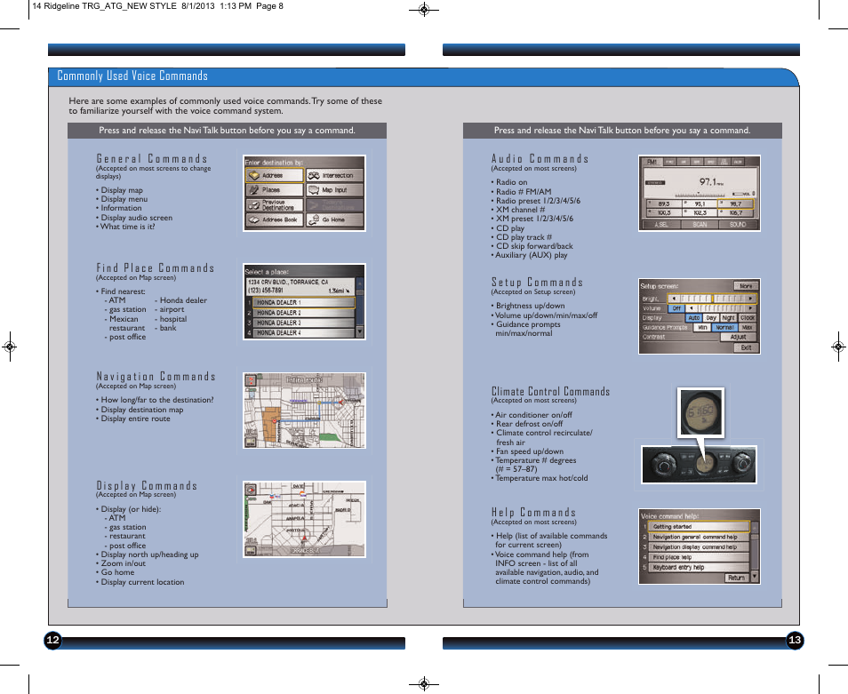 P.13, Commonly used voice commands, Climate control commands | HONDA 2014 Ridgeline - Technology Reference Guide User Manual | Page 8 / 12