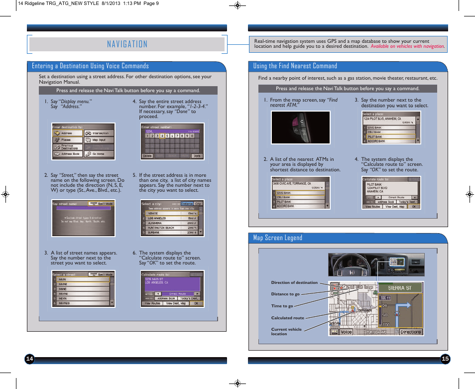 P.14, Navigation, Map screen legend | HONDA 2014 Ridgeline - Technology Reference Guide User Manual | Page 9 / 12