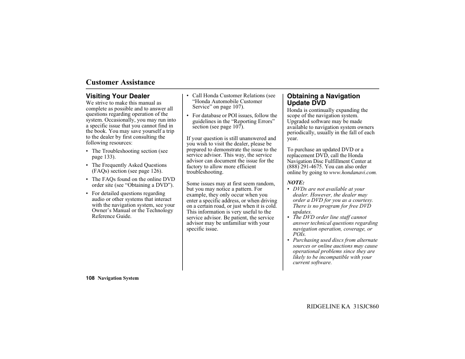 Customer assistance | HONDA 2014 Ridgeline - Navigation Manual User Manual | Page 108 / 151