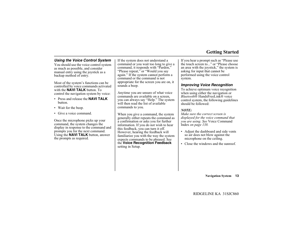 Getting started | HONDA 2014 Ridgeline - Navigation Manual User Manual | Page 13 / 151