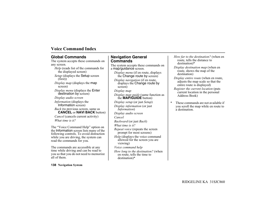 Voice command index | HONDA 2014 Ridgeline - Navigation Manual User Manual | Page 138 / 151