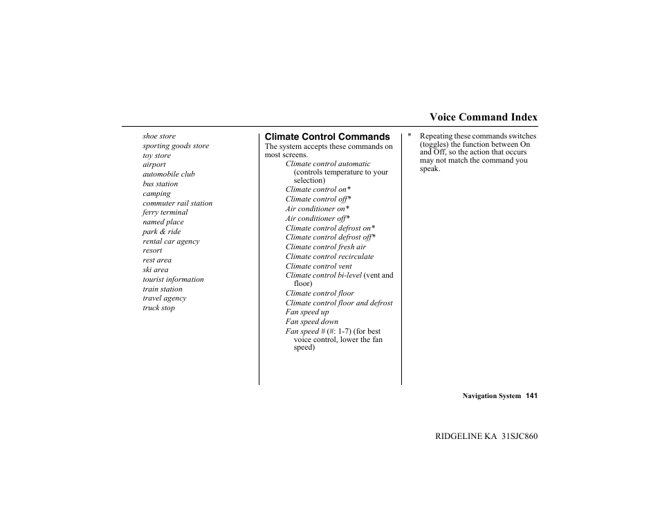 Voice command index | HONDA 2014 Ridgeline - Navigation Manual User Manual | Page 141 / 151