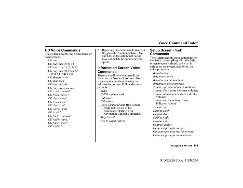 Voice command index | HONDA 2014 Ridgeline - Navigation Manual User Manual | Page 143 / 151