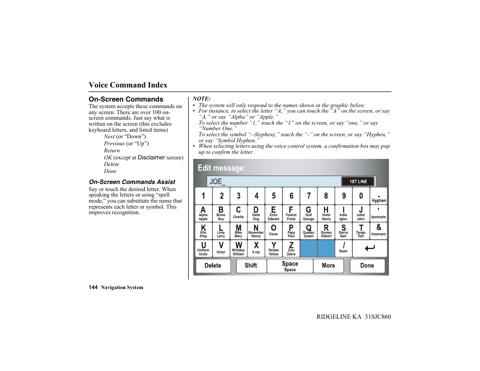 Voice command index, On-screen commands | HONDA 2014 Ridgeline - Navigation Manual User Manual | Page 144 / 151