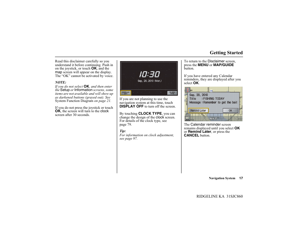 Getting started | HONDA 2014 Ridgeline - Navigation Manual User Manual | Page 17 / 151