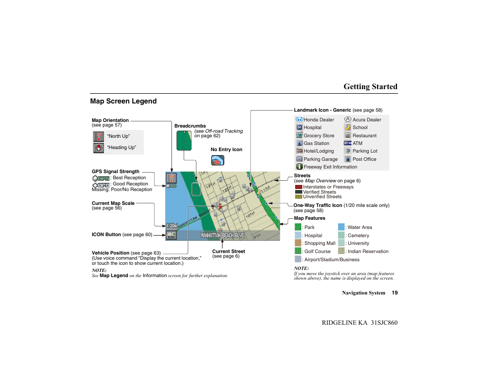 Getting started, Map screen legend | HONDA 2014 Ridgeline - Navigation Manual User Manual | Page 19 / 151