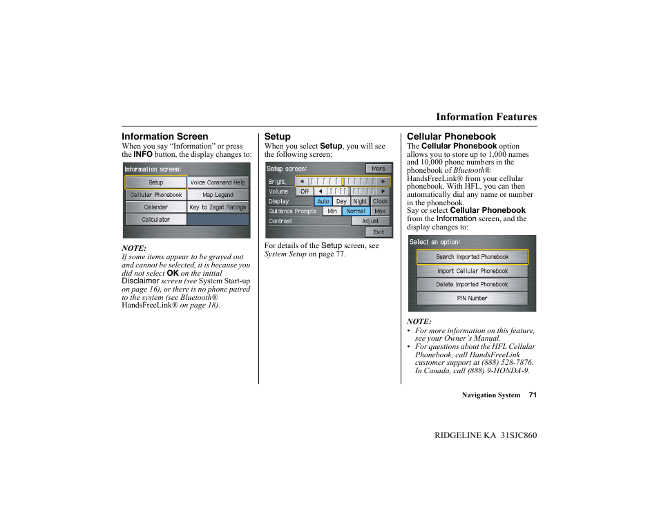 Information features | HONDA 2014 Ridgeline - Navigation Manual User Manual | Page 71 / 151