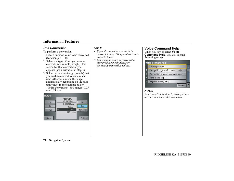 Information features | HONDA 2014 Ridgeline - Navigation Manual User Manual | Page 74 / 151