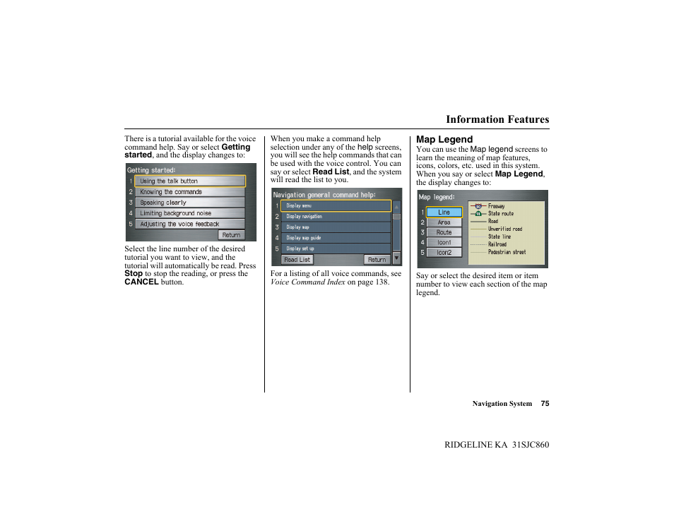 Information features | HONDA 2014 Ridgeline - Navigation Manual User Manual | Page 75 / 151