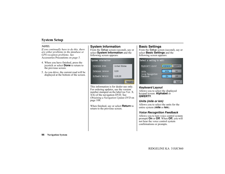 System setup | HONDA 2014 Ridgeline - Navigation Manual User Manual | Page 96 / 151