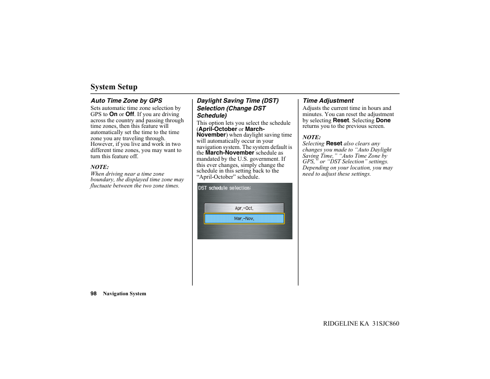 System setup | HONDA 2014 Ridgeline - Navigation Manual User Manual | Page 98 / 151