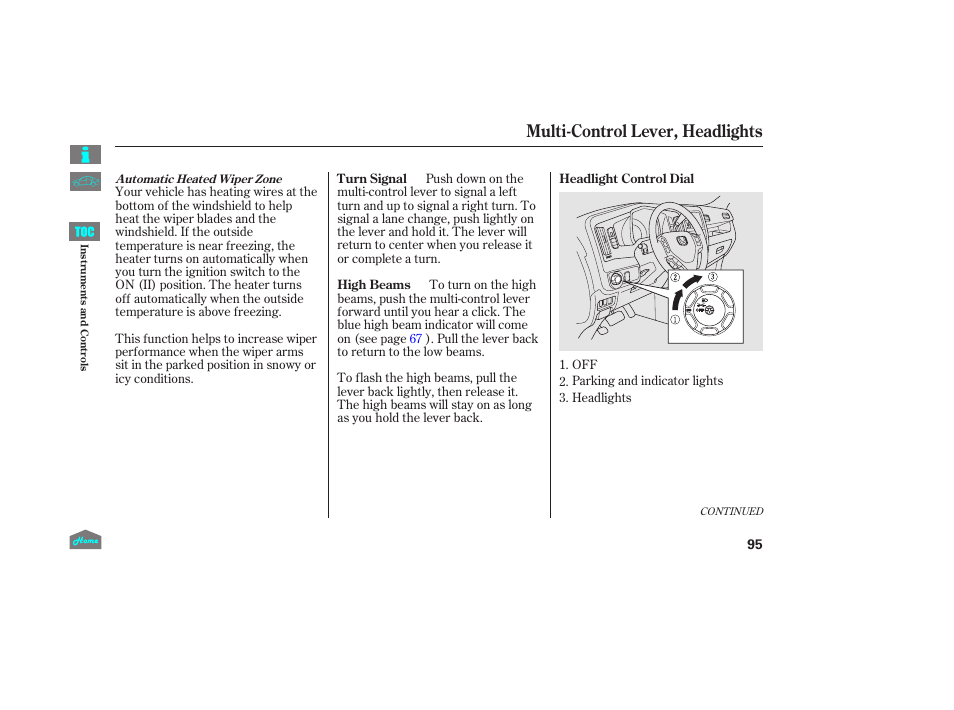 Headlights, P.95), Multi-control lever, headlights | HONDA 2014 Ridgeline - Owner's Manual User Manual | Page 100 / 422