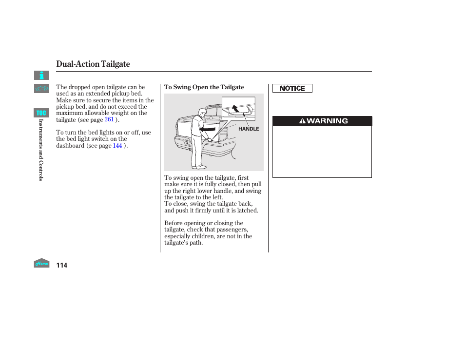 Dual-action tailgate | HONDA 2014 Ridgeline - Owner's Manual User Manual | Page 119 / 422