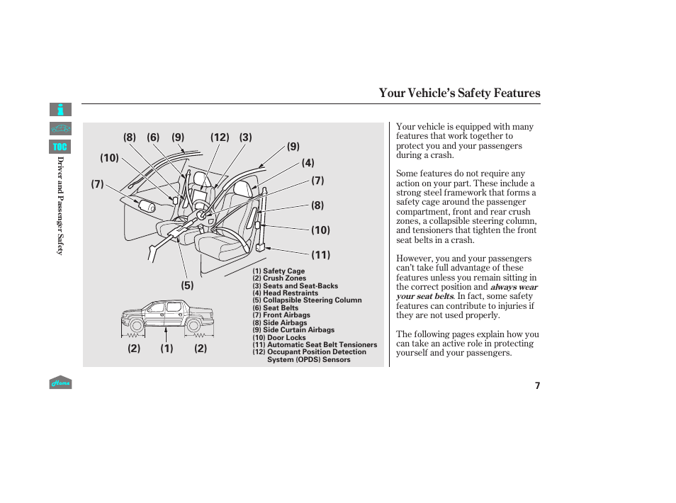 Your vehicle’s safety features | HONDA 2014 Ridgeline - Owner's Manual User Manual | Page 12 / 422