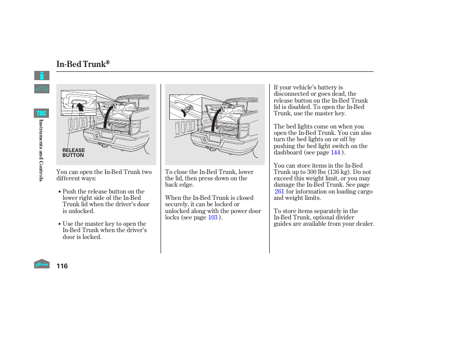 In-bed trunk | HONDA 2014 Ridgeline - Owner's Manual User Manual | Page 121 / 422