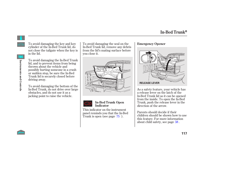 In-bed trunk | HONDA 2014 Ridgeline - Owner's Manual User Manual | Page 122 / 422