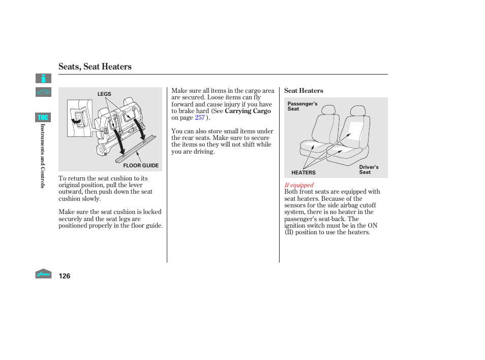 Seat heaters, P.126), Seats, seat heaters | HONDA 2014 Ridgeline - Owner's Manual User Manual | Page 131 / 422