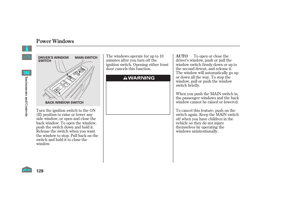 Power windows, P.128) | HONDA 2014 Ridgeline - Owner's Manual User Manual | Page 133 / 422