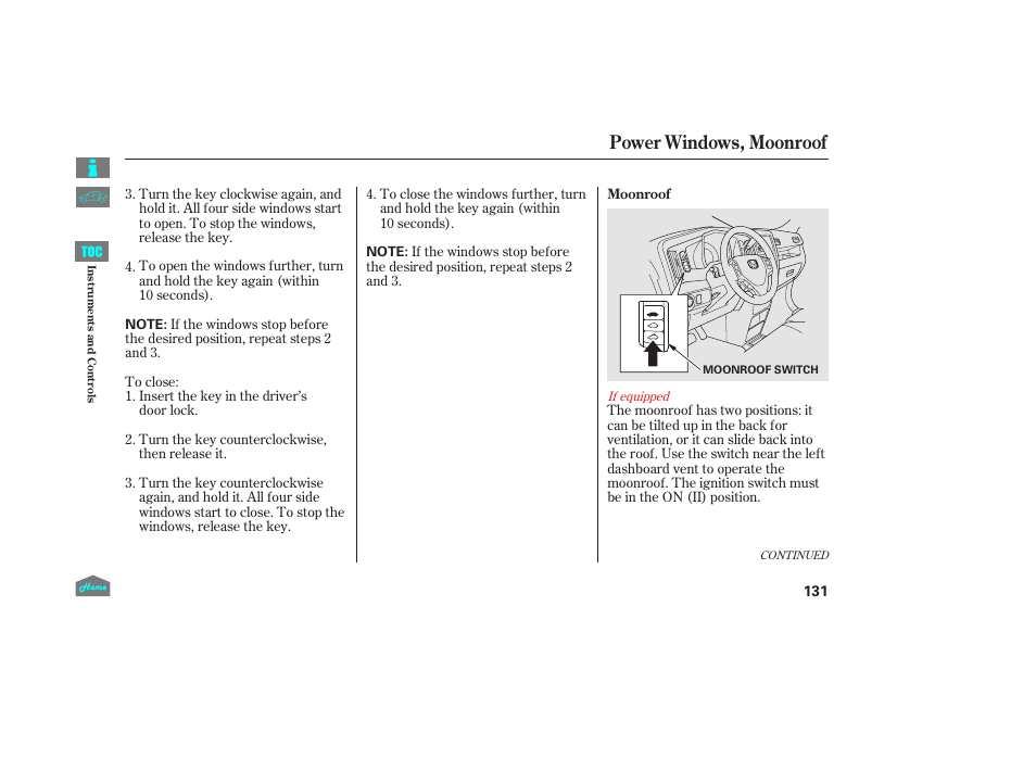 Moonroof, P.131), Power windows, moonroof | HONDA 2014 Ridgeline - Owner's Manual User Manual | Page 136 / 422