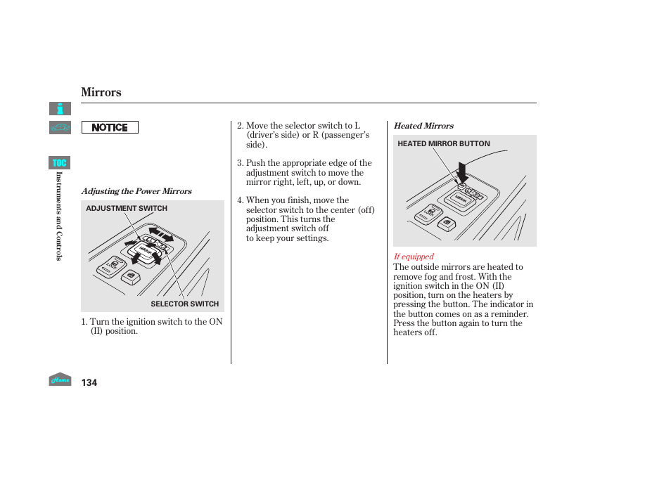 P.134), Mirrors | HONDA 2014 Ridgeline - Owner's Manual User Manual | Page 139 / 422