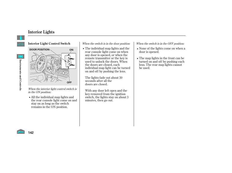 Interior lights, P.142) | HONDA 2014 Ridgeline - Owner's Manual User Manual | Page 147 / 422