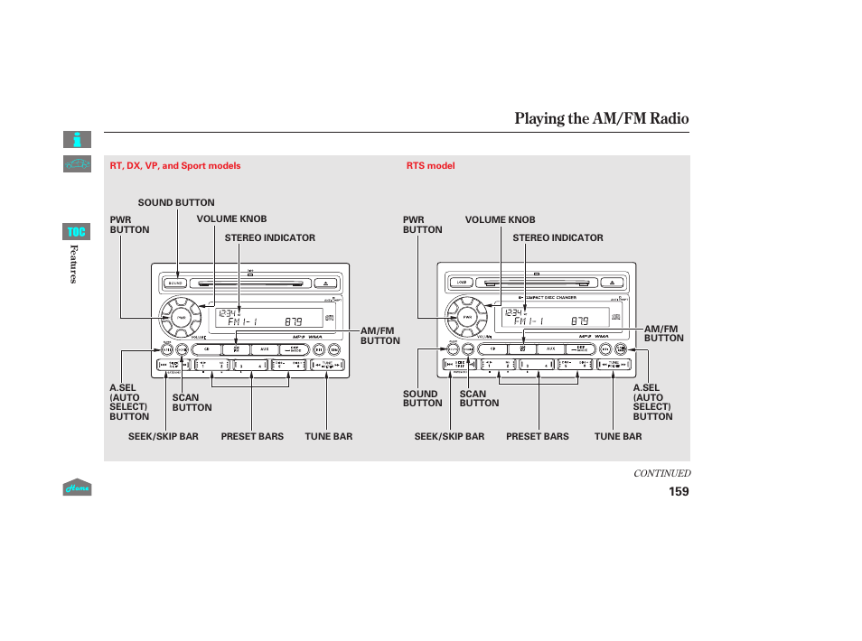 Playing the am/fm radio, P.159) | HONDA 2014 Ridgeline - Owner's Manual User Manual | Page 164 / 422