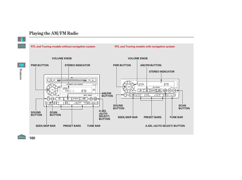 Playing the am/fm radio | HONDA 2014 Ridgeline - Owner's Manual User Manual | Page 165 / 422