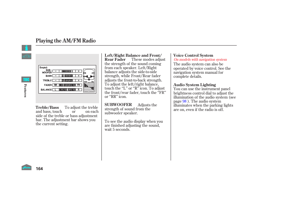 Playing the am/fm radio | HONDA 2014 Ridgeline - Owner's Manual User Manual | Page 169 / 422