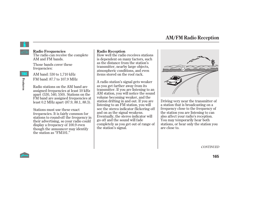 Am/fm radio reception | HONDA 2014 Ridgeline - Owner's Manual User Manual | Page 170 / 422