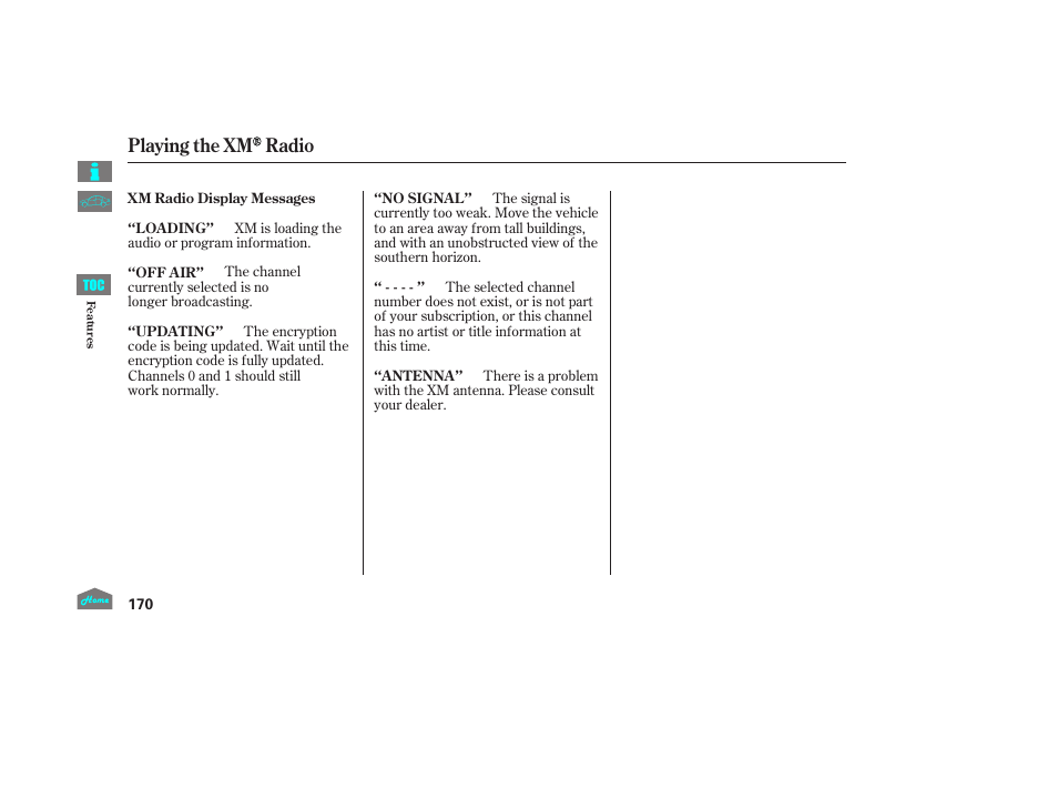 Playing the xm radio | HONDA 2014 Ridgeline - Owner's Manual User Manual | Page 175 / 422