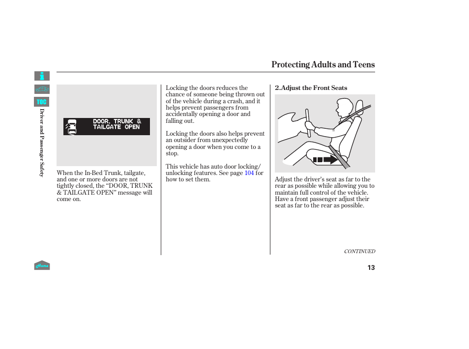 Protecting adults and teens | HONDA 2014 Ridgeline - Owner's Manual User Manual | Page 18 / 422