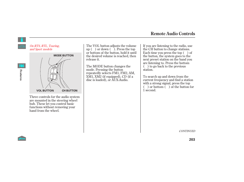 Remote audio controls, P.203) | HONDA 2014 Ridgeline - Owner's Manual User Manual | Page 208 / 422